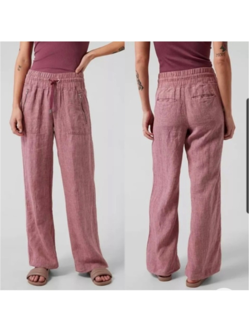 Athleta Cabo Linen Textured Wide Leg Pants Tawny Rose Size 6 Petite